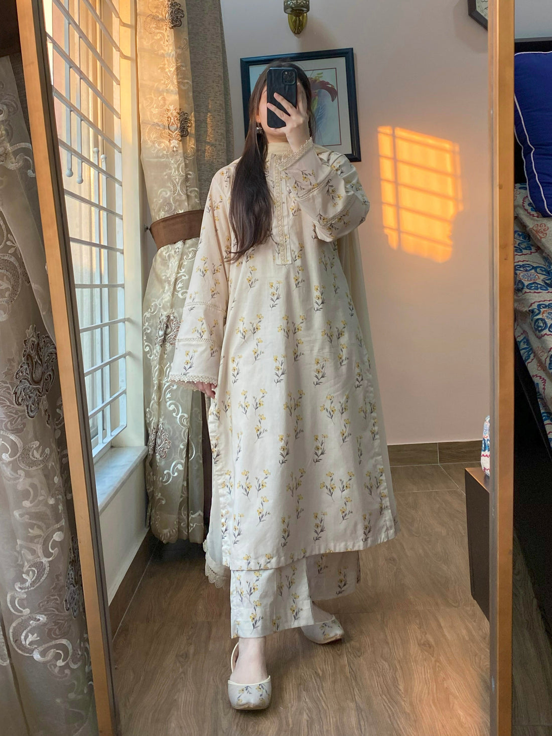 3 Piece -Beige Floral  Printed Dress