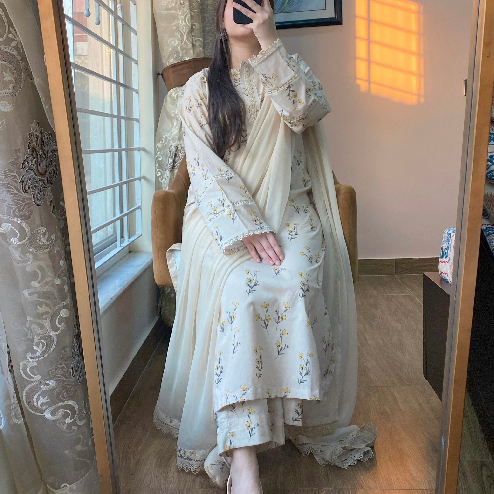 3 Piece -Beige Floral  Printed Dress