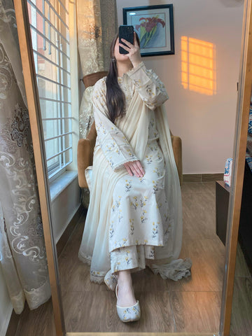 3 Piece -Beige Floral  Printed Dress