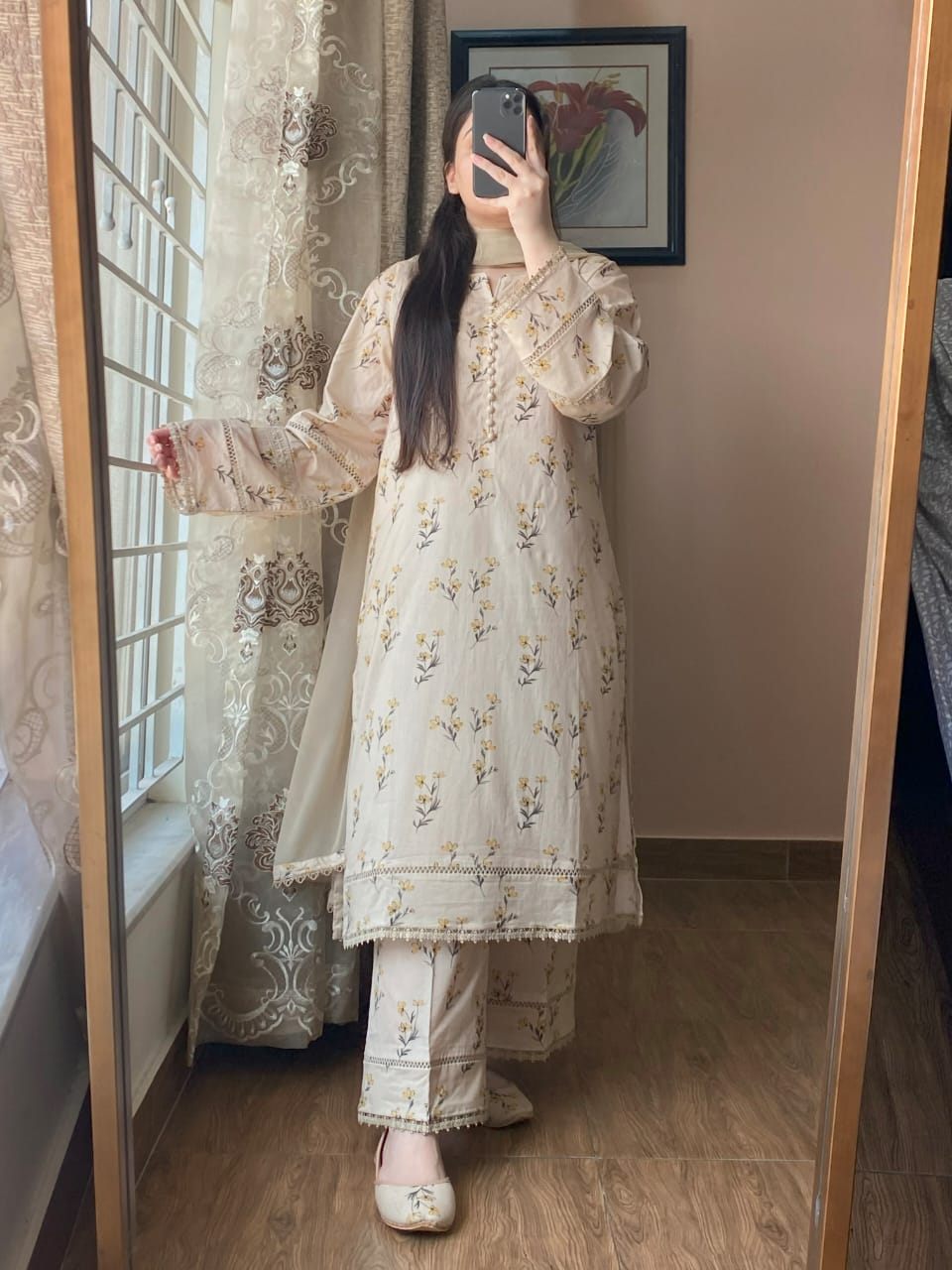 3 Piece -  Beige off white Printed Dress With Plazo