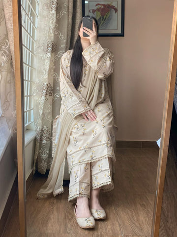 3 Piece -  Beige off white Printed Dress With Plazo